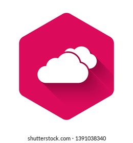 White Cloud icon isolated with long shadow. Pink hexagon button. Vector Illustration