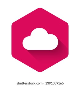 White Cloud icon isolated with long shadow. Pink hexagon button. Vector Illustration