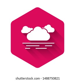 White Cloud icon isolated with long shadow. Pink hexagon button. Vector Illustration
