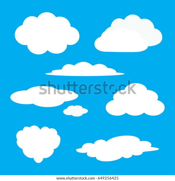 白い雲のアイコンセット ふわふわした雲 かわいい漫画の雲景 曇天記号 フラットデザインウェブ アプリデコレーションエレメント 青の空の背景 分離型 ベクターイラスト のベクター画像素材 ロイヤリティフリー