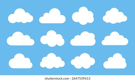 White cloud icon set on blue background. Abstract weather vector collection with varied cloud shapes. Simple cute doodle style cloud icons in organic form. Cartoon clouds flat vector illustration.