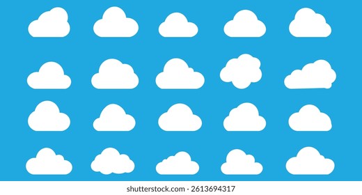 White cloud icon set vector isolated on blue background	