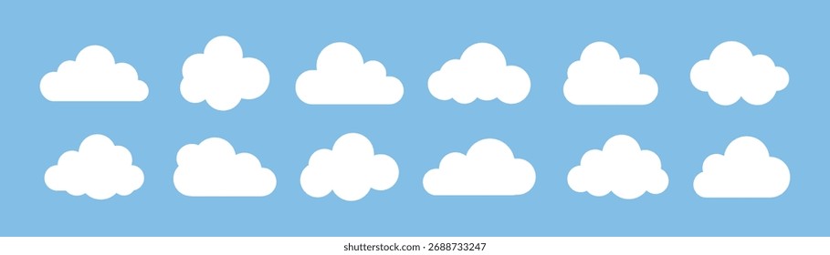 White cloud icon set vector illustration, isolated on blue background.
