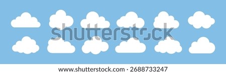 White cloud icon set vector illustration, isolated on blue background.