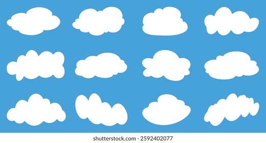 White cloud icon symbol, Collection of cloud icon, shape, label, symbol. Set of white cloud Icons in trendy flat style isolated on blue background.