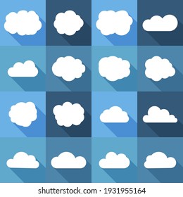 White cloud icons with long shadow. Flat cloud for emblem weather. Vector illustration