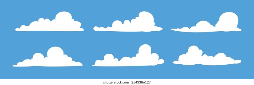 white cloud illustration collection, cartoon cloud set in flat design with blue sky