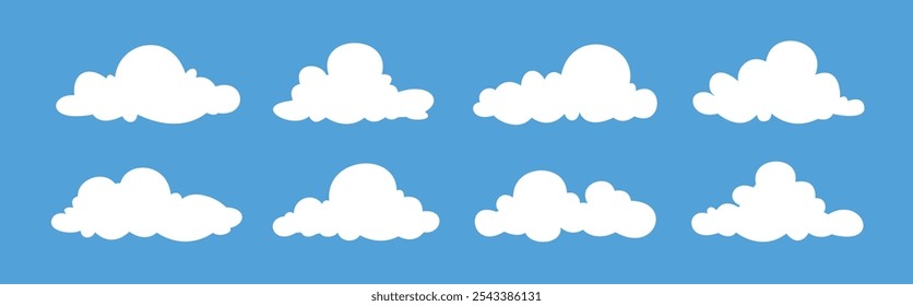 weiße Wolke Illustration Sammlung, Cartoon Wolke Set in flachem Design mit blauem Himmel
