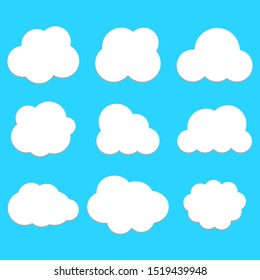 white cloud isolated on blue sky background; fluffy clouds symbol set with various simple cartoon shape for decorative website, banner or other design. vector illustration 