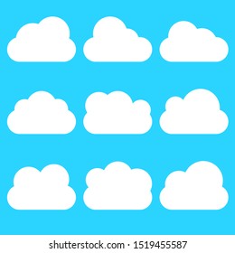 white cloud isolated on blue sky background; fluffy clouds symbol set with different flat style and various simple cartoon shape for decorative website, banner or other design. vector illustration 