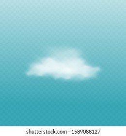 White cloud isolated on blue background - realistic nature weather element with subtle fog texture. Semi transparent abstract cloudy shape vector illustration.