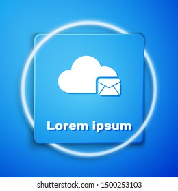 White Cloud mail server icon isolated on blue background. Cloud server hosting for email. Online message service. Mailbox sign. Blue square button. Vector Illustration
