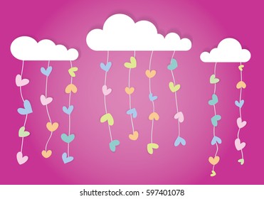 White cloud and mobile colorful hearts with pink background 