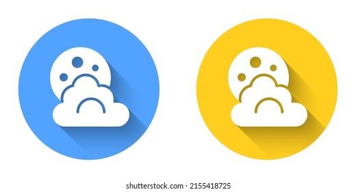 White Cloud with moon icon isolated with long shadow background. Cloudy night sign. Sleep dreams symbol. Night or bed time sign. Circle button. Vector