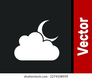 White Cloud with moon icon isolated on black background. Cloudy night sign. Sleep dreams symbol. Night or bed time sign.  Vector