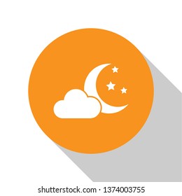 White Cloud with moon and stars icon isolated on white background. Cloudy night sign. Sleep dreams symbol. Night or bed time sign. Orange circle button. Flat design. Vector Illustration