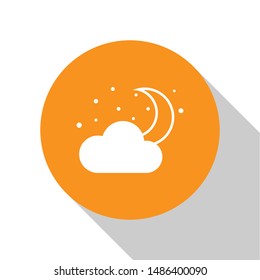 White Cloud with moon and stars icon isolated on white background. Cloudy night sign. Sleep dreams symbol. Night or bed time sign. Orange circle button. Vector Illustration
