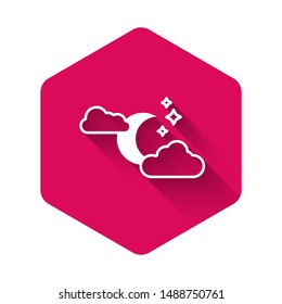 White Cloud with moon and stars icon isolated with long shadow. Cloudy night sign. Sleep dreams symbol. Night or bed time sign. Pink hexagon button. Vector Illustration