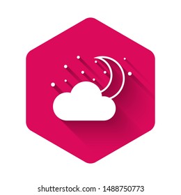 White Cloud with moon and stars icon isolated with long shadow. Cloudy night sign. Sleep dreams symbol. Night or bed time sign. Pink hexagon button. Vector Illustration