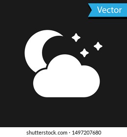 White Cloud with moon and stars icon isolated on black background. Cloudy night sign. Sleep dreams symbol. Night or bed time sign.  Vector Illustration