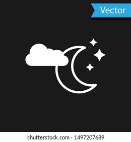 White Cloud with moon and stars icon isolated on black background. Cloudy night sign. Sleep dreams symbol. Night or bed time sign.  Vector Illustration