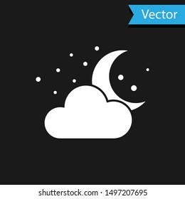 White Cloud with moon and stars icon isolated on black background. Cloudy night sign. Sleep dreams symbol. Night or bed time sign.  Vector Illustration