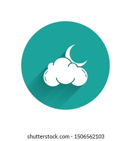White Cloud with moon and stars icon isolated with long shadow. Cloudy night sign. Sleep dreams symbol. Night or bed time sign. Green circle button. Vector Illustration