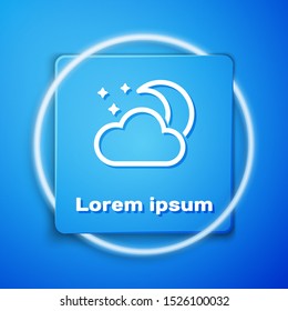 White Cloud with moon and stars icon isolated on blue background. Cloudy night sign. Sleep dreams symbol. Night or bed time sign. Blue square button. Vector Illustration