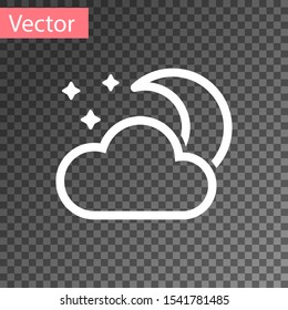 White Cloud with moon and stars icon isolated on transparent background. Cloudy night sign. Sleep dreams symbol. Night or bed time sign.  Vector Illustration