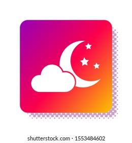 White Cloud with moon and stars icon isolated on white background. Cloudy night sign. Sleep dreams symbol. Night or bed time sign. Square color button. Vector Illustration