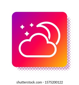 White Cloud with moon and stars icon isolated on white background. Cloudy night sign. Sleep dreams symbol. Night or bed time sign. Square color button. Vector Illustration