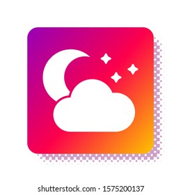 White Cloud with moon and stars icon isolated on white background. Cloudy night sign. Sleep dreams symbol. Night or bed time sign. Square color button. Vector Illustration