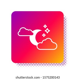 White Cloud with moon and stars icon isolated on white background. Cloudy night sign. Sleep dreams symbol. Night or bed time sign. Square color button. Vector Illustration