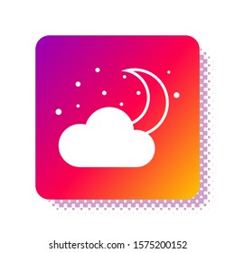 White Cloud with moon and stars icon isolated on white background. Cloudy night sign. Sleep dreams symbol. Night or bed time sign. Square color button. Vector Illustration