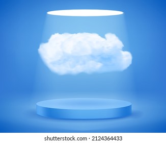White cloud on blue interior with round podium. 3d Vector illustration

