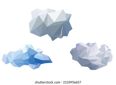 white cloud polygon icon vector set, low poly, geometric and trianlge design , modelling digital object shape.