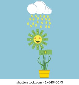 A white cloud pours money on a flower made of paper dollars. Rain of money and a happy joyful flower. Vector illustration.