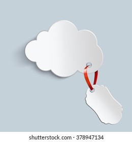 white cloud with a price tag on a red ribbon 