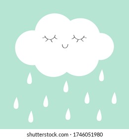 White cloud rain drop icon. Smiling sleeping face. Fluffy clouds. Cute cartoon kawaii cloudscape. Love card. Cloudy weather sign symbols. Flat design. Blues sky background Isolated Vector illustration