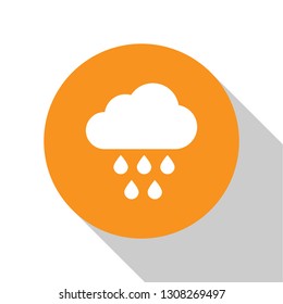 White Cloud with rain icon isolated on white background. Rain cloud precipitation with rain drops. Orange circle button. Flat design. Vector Illustration