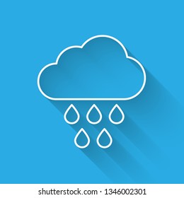 White Cloud with rain icon isolated with long shadow. Rain cloud precipitation with rain drops. Vector Illustration