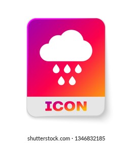 White Cloud with rain icon isolated on white background. Rain cloud precipitation with rain drops. Rectangle color button. Vector Illustration