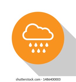 White Cloud with rain icon isolated on white background. Rain cloud precipitation with rain drops. Orange circle button. Vector Illustration