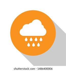 White Cloud with rain icon isolated on white background. Rain cloud precipitation with rain drops. Orange circle button. Vector Illustration