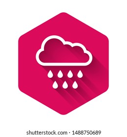 White Cloud with rain icon isolated with long shadow. Rain cloud precipitation with rain drops. Pink hexagon button. Vector Illustration