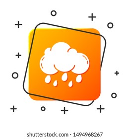 White Cloud with rain icon isolated on white background. Rain cloud precipitation with rain drops. Orange square button. Vector Illustration