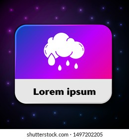 White Cloud with rain icon isolated on black background. Rain cloud precipitation with rain drops. Rectangle color button. Vector Illustration