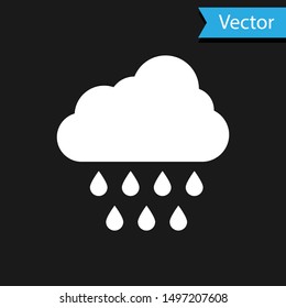 White Cloud with rain icon isolated on black background. Rain cloud precipitation with rain drops.  Vector Illustration