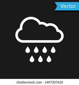 White Cloud with rain icon isolated on black background. Rain cloud precipitation with rain drops.  Vector Illustration