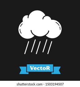 White Cloud with rain icon isolated on black background. Rain cloud precipitation with rain drops.  Vector Illustration